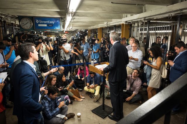 Mayor Bill de Blasio holds a media availability in regards to the MTA and poor train service in Manhattan in July.